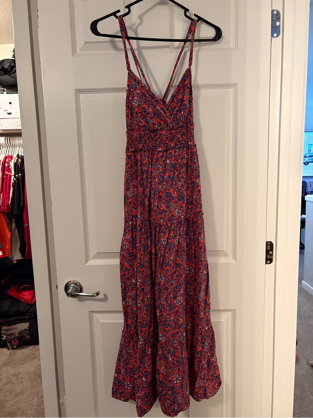 Universal Thread Red Floral Midi Dress with Blue Accents